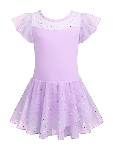 Arshiner Ballettkleidung Mädchen Rüschenärmel Masche Ballettkleid Tanzkleid Kinder Glitzerndes Ballettanzug Ballett-Trikots Tanz-Trikot Kleinkind Ballerina Kleid Kostüm Outfits Lila 150 von Arshiner