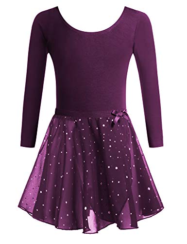 Arshiner Ballettkleidung Mädchen Tanzkleid Kinder Baumwolle Langarm Balletttrikot Ballettkleid Ballettanzug Tanzbody mit Rock Tütü Violett 120 von Arshiner