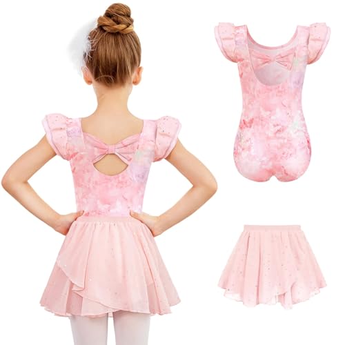 Arshiner Ballettkleidung Mädchen Zweiteilig Ballettkleid Rückenfreies Schleifen Ballettanzug Kinder Kurzarm Tanzkleid Ballett Trikot mit Rock Tütü 3-4 Jahre von Arshiner