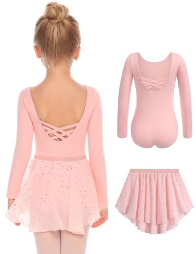Arshiner Ballettkleidung Mädchen Zweiteiliges Kinder Ballettanzug Rückenfrei Langzarm Ballettkleid Balletttrikot Tanzkleid Balette Kleidung Tanztrikot Kleinkind Ballerina Kleid Rosa 130 3-4 Jahre von Arshiner