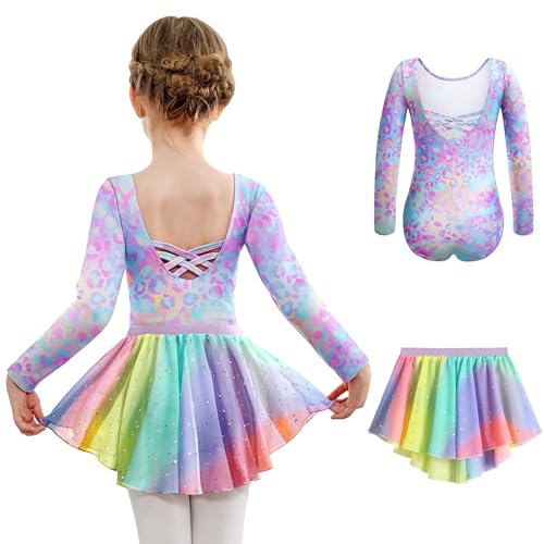 Arshiner Ballettkleidung Mädchen Zweiteiliges Langarm Rückenfrei Ballettanzug Kinder Baumwolle Ballettkleid Balletttrikot Tanzkleid Tanzbody mit Irregulär Chiffon Rock Tütü Bunt 160 9-10 Jahre von Arshiner