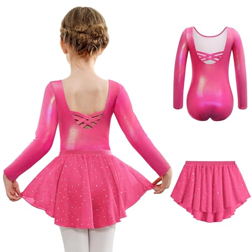 Arshiner Ballettkleidung Mädchen Zweiteiliges Langarm Rückenfrei Ballettanzug Kinder Baumwolle Ballettkleid Balletttrikot Tanzkleid Tanzbody mit Chiffon Rock Tütü Leuchtendes Rosenrot 120 2-3 Jahre von Arshiner