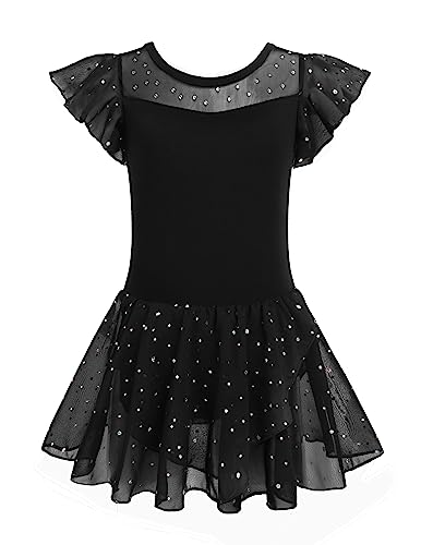 Arshiner Ballettkleidung mädchen Rüschen kurzärm Ballettkleid Tanzkleid Kinder Masche Baumwolle Ballettanzug Balletttrikot Glitzerndes Tanztrikot Kleinkind Ballerina Kleid mit Rock Tütü Schwarz 130 von Arshiner