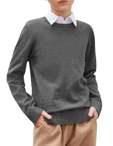 Arshiner Basic Strickpullover für Jungen Herbst Winter Einfarbig Kinder Pullover Rundhals Stricken Schooluniform Sweater Langarmshirt für Junge Dunkel Grau 120 von Arshiner