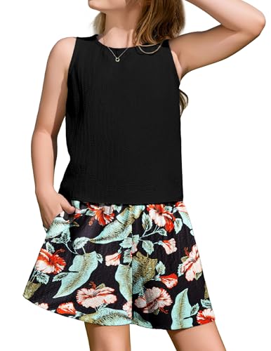 Arshiner Bekleidungssets Mädchen Sommer Einfarbig Top Shirt mit Shorts Outfit Kinder Kleidung Set Freizeit Mode Zweiteiler Mädchenkleidung Blume 160 12-13 Jahre von Arshiner