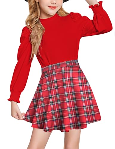 Arshiner Bekleidungssets für Mädchen Rot Bluse mit A-Linie Rock Set Kinder Mode Langarm Rollkragen Kleidung Set Freizeit Zweiteilig Herbst Winter Weihnachten Outfits 120/6-7 Jahre von Arshiner