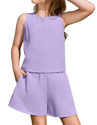Arshiner Bekleidungssets für Mädchen Sommer Lässige Mode Einfarbig Shirt Tanktop mit Shorts Kleidungsset Kinder 2-teiliges Geburtstage Geschenk Strand Party Outfits Lila 130 7-8 Jahre von Arshiner