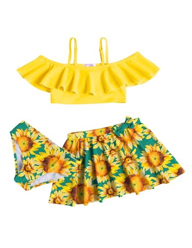 Arshiner Bikini Mädchen 3-Teiliger Badeanzug Tankini mit Triangel Set Bikinioberteil Bedruckte Bikini Set Bikinirock Badeanzüge für Kinder Sonnenblume 130 von Arshiner