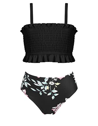 Arshiner Bikini Mädchen Badeanzug Kinder Gerafftes Bikinioberteil mit Raffung Badebekleidung Bandeau Tankini Schwarz Blumen Bikini-Slip Bademode 140/9-10 Jahre von Arshiner