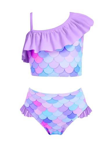 Arshiner Bikini Mädchen Badeanzug Meerjungfrau Tankini Rüschenärmel Schwimmanzug Kinder Bustier Bikini Set Strand Bademode Lila 150/10-11 Jahre von Arshiner