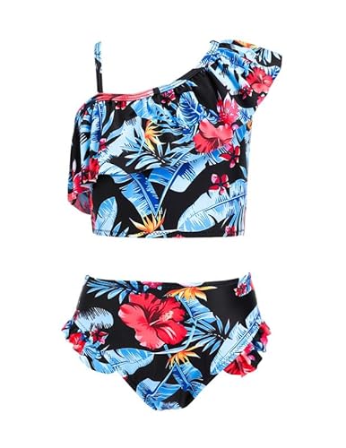 Arshiner Bikini Mädchen Blumen Bustier Bikinislip Zweiteiliger Badeanzug Rüschen Schulterfrei Bademode Kinder Schwimmanzug Hawaiian Badebekleidung Schwarz 140 von Arshiner