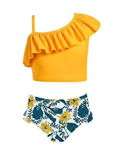 Arshiner Bikini Mädchen Blumen Bustier Bikinislip Zweiteiliger Badeanzug Rüschen Schulterfrei Bademode Kinder Schwimmanzug Hawaiian Badebekleidung Schwarz 165 von Arshiner