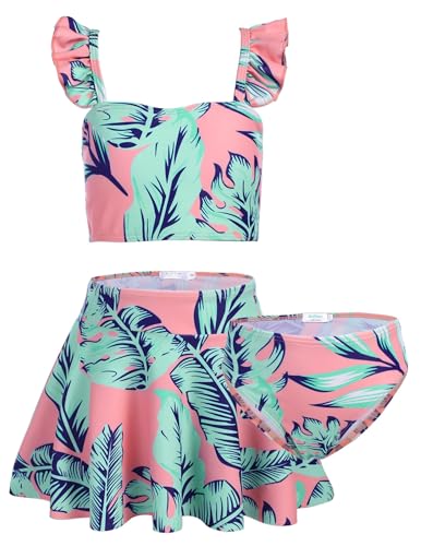 Arshiner Bikini Mädchen mit Rock Kinder Tankini 3er Set Blumen Bademode Rosa Grün Surf-Badeanzug Rüschen Schwimmanzug 130/7-8 Jahre von Arshiner