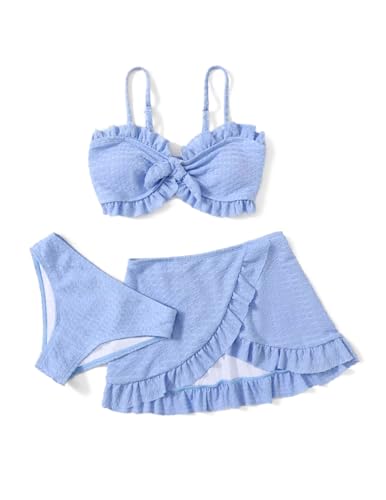 Arshiner Bikini Set Mädchen 3-teilig Kinder Einfarbige Badeanzug Dreiteilig Strand Tankini mit Rock Badeanzüge Badebekleidung Schwimmanzug für Mädchen Hellblau 13-14 Jahre von Arshiner