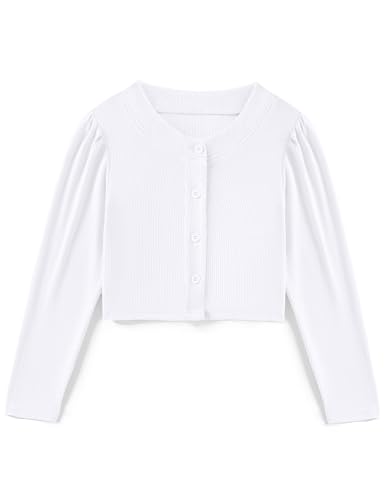 Arshiner Bolero Mädchen Weiß Puffärmel Strickjacke Rundhals Knopfleiste Cardigan Festlich Hochzeit Kommunion Jacke 130/7-8 Jahre von Arshiner