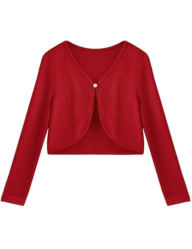 Arshiner Bolero für Mädchen mit offener Vorderseite langärmliger kurzer eleganter Cardigan-Strickpullover Strickjacke Schulterjacke Bolerojäckche Kinder Rot 120 von Arshiner