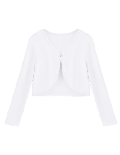 Arshiner Bolero für Mädchen mit offener Vorderseite langärmliger kurzer eleganter Cardigan-Strickpullover Strickjacke Schulterjacke Bolerojäckche Kinder Weiß 130 von Arshiner