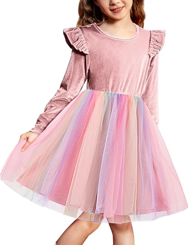 Arshiner Festliches Kleid Mädchen Samtkleid Rosa Festkleid Kleine Kinder Tüllkleid Winter Langarmkleid Hochzeit Prinzessin Partykleid Weihnachtskleider 100/3-4 Jahre von Arshiner