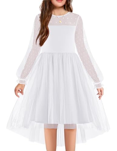 Arshiner Festliches Kleid Mädchen Weiß Kommunionkleid Hochzeit Blumenmädchenkleider Halloween Partykleid Kinder Langarmkleid Winter Tullkleid 10-12 Jahre von Arshiner