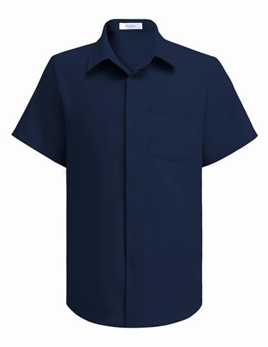 Arshiner Jungen Einfarbig Hemden Marineblau Kurzarm Shirt Kinder Knopf Unter Sommerhemd Formale Kinderhemd Schuluniform Oberteil mit Brusttasche 160/11-12 Jahre von Arshiner