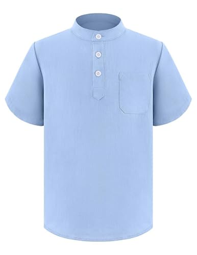 Arshiner Jungen Hemd Freizeit Hemd Henley Shirt bügelleicht Kurzärm Kinder Student Hemden Freizeithemden Oberteil Top Blue 7-8 Jahre von Arshiner