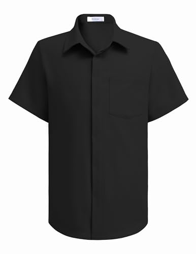 Arshiner Jungen Hemd Schwarz Kurzarmhemd Sommer Schuluniform Shirt Knopfleiste Kleiderhemden Einfarbig Freizeithemd Oberteil für Kinder mit Brusttasche 130/7-8 Jahre von Arshiner