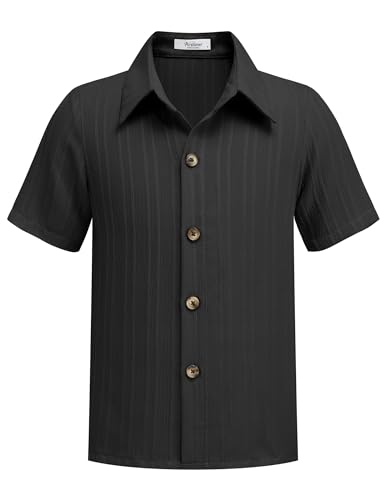 Arshiner Jungen Hemd mit Knopfkragen Kurzarm Shirt Schwarz Schuluniformhemd Leinenhemd Sommerhemd für Strand Urlaub5-6 Jahre von Arshiner
