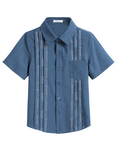 Arshiner Jungen Hemden Kurzarm Leinen Sommer Casual Besticktes Shirt Regular Baumwolle Party Freizeit Hemd für Kinder 9-10 Jahre Blau von Arshiner