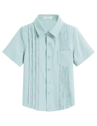 Arshiner Jungen Hemden Kurzarm Leinen Sommer Casual Besticktes Shirt Regular Baumwolle Party Freizeit Hemd für Kinder 7-8 Jahre Türkis von Arshiner