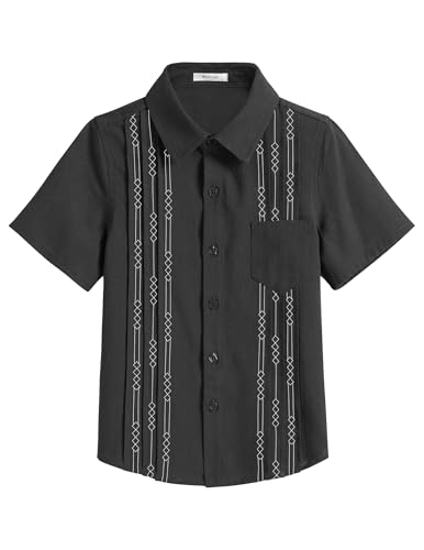 Arshiner Jungen Hemden Kurzarm Leinen Sommer Casual Besticktes Shirt Regular Baumwolle Party Freizeit Hemd für Kinder 9-10 Jahre Schwarz von Arshiner
