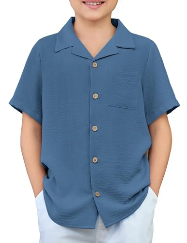 Arshiner Jungen Hemd Kurzarm Sommer Basic Shirt Regular Einfarbig Casual Oberteile Freizeit Party Kubanischem Kragen Hemden für Kinder 11-12 Jahre Dunkelblau von Arshiner