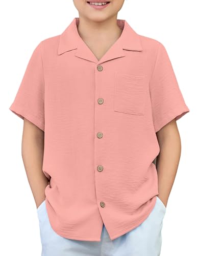 Arshiner Jungen Hemd Kurzarm Sommer Basic Shirt Regular Einfarbig Casual Oberteile Freizeit Party Kubanischem Kragen Hemden für Kinder 9-10 Jahre Pink von Arshiner