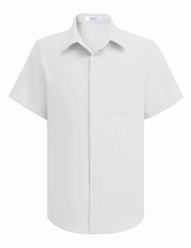 Arshiner Jungen Kurzarm Hemd Weiß Sommer Freizeit Shirt Knopfleiste Kleiderhemden Einfarbig Formale Oberteil für Kinder mit Brusttasche 130/7-8 Jahre von Arshiner
