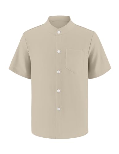 Arshiner Jungen Kurzarm Hemden Button Down Casual Hemd Kinder Einfarbig Shirt Oberteil mit Brusttasche Dunkelkhaki 7-8 Jahre von Arshiner