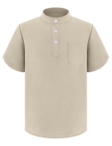 Arshiner Jungen Kurzarm Hemden Button Down Henley Shirt Casual Hemd Kinder Einfarbig Shirt Oberteil mit Brusttasche Dunkelkhaki 8-9 Jahre von Arshiner