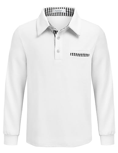 Arshiner Jungen Langarm Poloshirt Kinder Polo Shirt Jungen mit Kragen und Knopfleiste Langarmhemd mit Brusttasche Freizeitshirt für Schule Alltag Herbst, Elegant Bequem Weiß, 9-10 Jahre von Arshiner