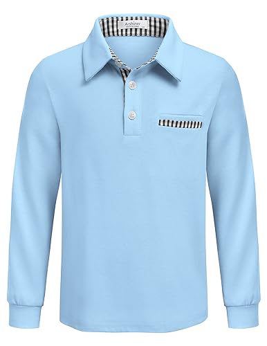Arshiner Jungen Poloshirt Langarm Schuluniformen Kinder Weiches Elastisches Polohemd mit Knopfleiste & Brusttasche, Herbst Oberteil Hellblau,10-11 Jahre von Arshiner