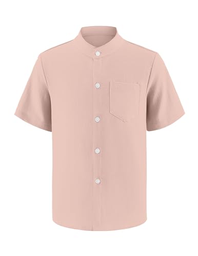 Arshiner Jungen Sommer Kurzarm Hemd Stehkragen Button Down Freizeithemden Oberteil Top für Kinder Rosa 6-7 Jahre von Arshiner