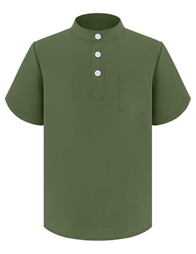 Arshiner Jungen Sommer Kurzarm Hemd Stehkragen Freizeithemden Button Down Oberteil Top für Kinder Armeegrün 150 8-9 Jahre von Arshiner