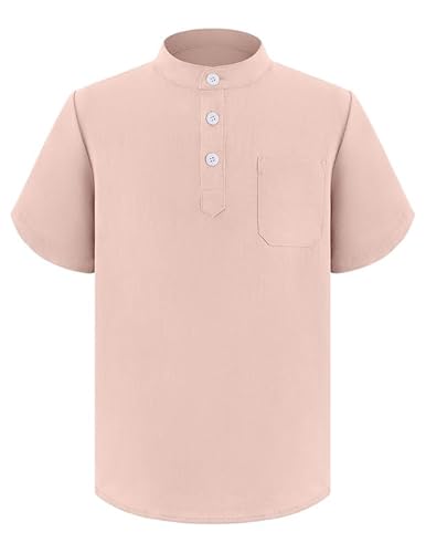 Arshiner Jungen Sommer Kurzarm Hemd Stehkragen Freizeithemden Button Down Oberteil Top für Kinder Rosa 120 4-5 Jahre von Arshiner