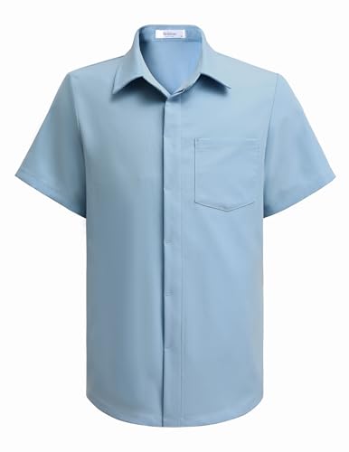 Arshiner Jungen Sommerhemd Blau Freizeit Shirt Kurzarm Kleiderhemden Einfarbig Oberteil Kinder Schuluniform Formale Button Down Hemd mit Brusttasche 130/7-8 Jahre von Arshiner