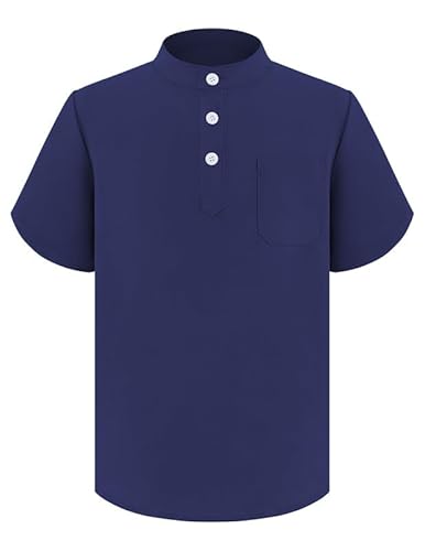 Arshiner Jungenhemd mit Knopfleiste Henley-Hemd kurzärmlig lässiges Sommer/Strandhemd Oberteil mit Tasche Marineblau 140 7-8 Jahre von Arshiner