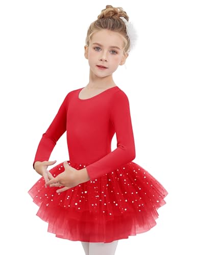 Arshiner Kinder Ballettkleid Glitzer Ballettkleidung Mädchen Tanzkleid Langarm Tütü Rock Baumwolle Ballettanzug Balletttrikot 4-lagiges Gestuftes Tanzbody Rot 130 3-4 Jahre von Arshiner