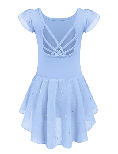 Arshiner Kinder Ballettkleid Rückenfrei Mädchen Kurzarm Ballettkleidung Baumwolle Tanzkleid Ballett Turnanzug Blau Balletttrikot mit UnregelmäßIges Ballettrock 120/2-3 Jahre von Arshiner