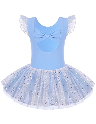 Arshiner Kinder Ballettkleidung 2-10 Jahre Mädchen Schleifen Ballettkleid Kurzarm Ballettanzug Glitzer Tanzkleid Baumwolle Ballett Trikot Mit Chiffon Rock Tütü Blau 150 von Arshiner