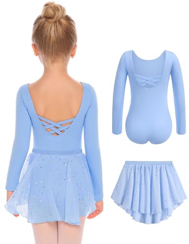 Arshiner Kinder Ballettkleidung Ballettkleid Langarm Ballettanzug Kinder Baumwolle Tanzkleid Rückenfrei Ballett Trikot mit Tütü Tanztrikot Kleinkind Ballerina Kleid Blau 150 7-8 Jahre von Arshiner