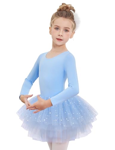 Arshiner Kinder Ballettkleidung Ballettkleid Mädchen Blau Langarm Baumwolle Balletttrikot Ballettanzug Tanzkleid Tanzbody mit 4-lagiges Gestuftes Rock Tütü 160 9-10 Jahre von Arshiner