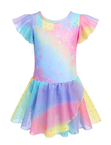 Arshiner Kinder Ballettkleidung Ballettkleid Mädchen Gerüschte Kurze Ärmel Masche Balletttrikot Ballettanzug Tanzkleid Tanzbody aus Baumwolle mit Chiffon Rock Tütü Muster 1/120 von Arshiner