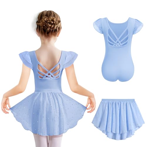Arshiner Kinder Ballettkleidung Blau Baumwolle Balletttrikot Einfarbig Kurzarm Ballettkleid Mädchen Rückenfrei Tanzkleid Zweiteiliges Ballettanzug Kleinkind Tanzbody mit Rock Tütü 160/10-11 Jahre von Arshiner