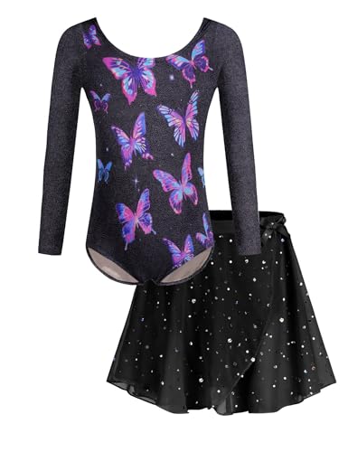 Arshiner Kinder Ballettkleidung Langarm Ballettkleid Mädchen Paillette Ballett Trikot Tanzkleid Ballerina Outfits mit Glänzender Tütü Rock Schmetterling 130 von Arshiner